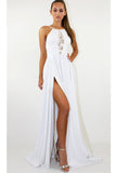 White Backless Long Prom Dress Split Spaghetti Strap Party Maxi Dress