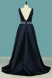 V Neck A Line Satin Prom Dresses With Beaded Waistline Asymmetrical