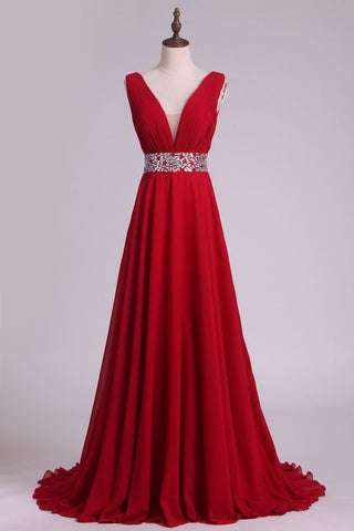 A Line V Neck Pleated Bodice Chiffon Prom Dresses With Beading Court Train