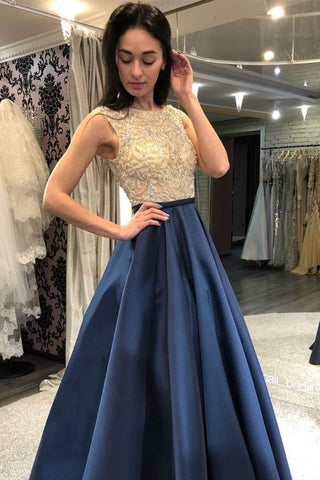 Modest Beading Blue Long A-Line Elegant Satin Prom Dresses Party Dresses