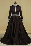 High Neck Long Sleeves Prom Dresses A Line Satin With Beading