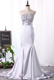 Sexy Mermaid Elastic Satin Silver Prom Dresses Sweetheart Zipper Up With Beading