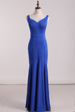 Spandex Dark Royal Blue Straps Mermaid Evening Dresses