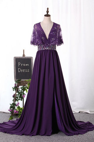 A Line V Neck Chiffon & Lace With Beads And Slit Prom Dresses