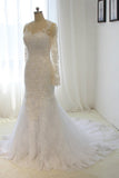 Scoop Long Sleeves Wedding Dresses Mermaid Tulle With Beading Court Train Detachable