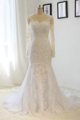 Scoop Long Sleeves Wedding Dresses Mermaid Tulle With Beading Court Train Detachable