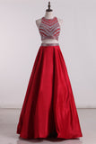 Prom Dresses A Line Scoop Satin With Beading Floor Length