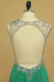 Scoop Open Back A Line With Beads Prom Dresses Sweep Train