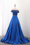 A Line Prom Dresses Boat Neck Satin With Beads Sweep Train