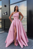 Elegant Strapless Satin High Slit Prom Dresses Long Simple Evening Dresses SJS15204