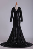 Prom Dresses V Neck Long Sleeves Sequins Sweep Train Black