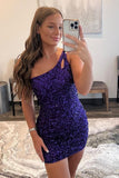 Chic Purple One Shoulder Sequins Short Homecoming Dresses