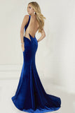 Sexy Open Back Velvet Evening Dresses V Neck Mermaid Sweep Train