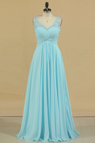 Plus Size V-Neck Prom Dresses A Line Floor Length With Ruffles & Applique Chiffon