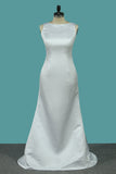 Scoop Satin A Line Wedding Dresses With Bow Knot Sweep Train