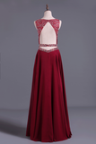 Burgundy/Maroon Scoop A Line Prom Dresses Chiffon A Line With Beading