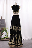 Two Pieces Prom Dresses V Neck A Line Velvet With Applique