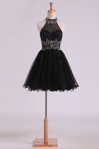 High Neck A Line Open Back Tulle With Beads Homecoming Dresses