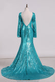 Sexy Open Back Long Sleeve Prom Dresses Sequins Mermaid Sweep Train