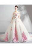 Unique Off The Shoulder Tulle Wedding Dress With Pink Flowers Ball Gown Wedding SJSPQ4NB2CL