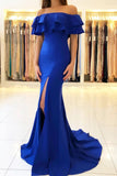 Elegant Off the Shoulder Royal Blue Mermaid Ruffle Sleeve Satin Long Prom Dresses SJS15190