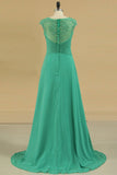 Evening Dresses A Line Scoop Cap Sleeves Chiffon With Applique & Beads