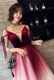 A Line Spaghetti Straps Ombre Long Tulle Prom Dresses, Burgundy V Neck Evening Dress SJS15029