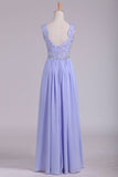 Prom Dresses A Line Straps Beaded Bodice Open Back Chiffon