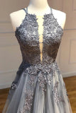 A Line Spaghetti Straps Lace Silver Long Prom Dresses with Applique Open Back Party Dresses SJS15027