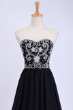 Dark Navy Blue Prom Dresses Sweetheart Floor Length Chiffon With Silver Beading