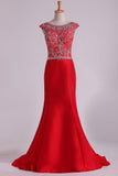 Red Bateau Lace&Taffeta Prom Dresses Mermaid With Beads