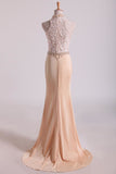 High Neck Prom Dresses Sheath Lace & Spandex Sweep Train