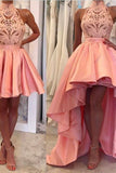 A Line High-Neck Satin & Lace Short/Mini Homecoming Dresses With Detachable Train