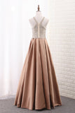 A Line Scoop Satin Prom Dresses With Beads Sweep Train