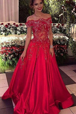 Red Satin Off The Shoulder Satin Prom Dresses With Appliques And Beadings