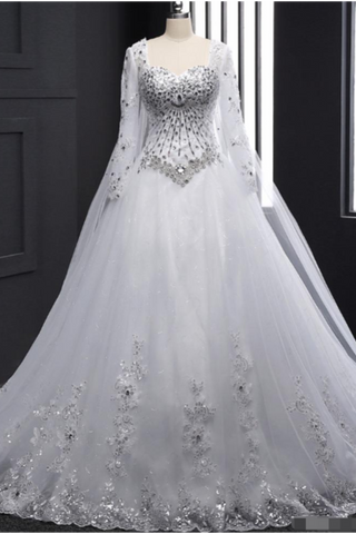 Sweetheart Wedding Dresses A Line With Beading Rhinestones Tulle Long Sleeves Chapel Train