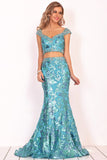 Mermaid Cap Sleeves Tulle Prom Dresses With Beads&Sequins Sweep Train