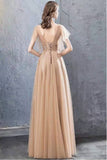 A Line V Neck Tulle Long Prom Dresses, Cheap Evening Dress with SJS20488