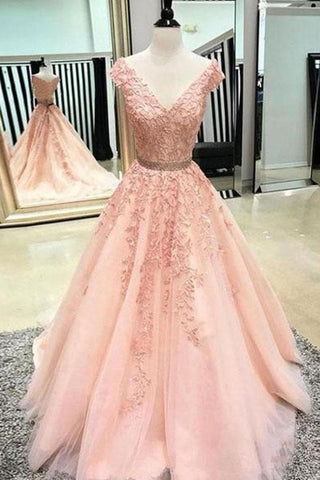 Tulle Appliques A-Line V-Neck Prom Dresses WIth Court Train