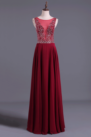 Burgundy/Maroon Scoop A Line Prom Dresses Chiffon A Line With Beading