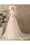 Ivory Jewel Sleeveless Tulle Wedding Dress With Lace A Line Pleats Open Back Bridal SJSPXNMNP57