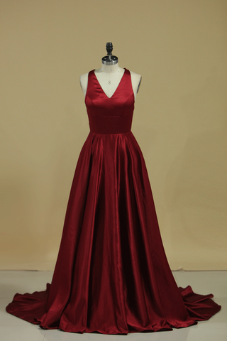 Red V Neck Evening Dresses A Line Sweep Train With Slit & Ruffles