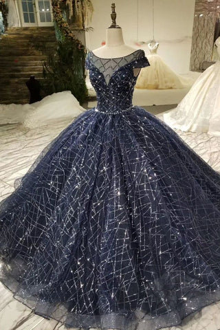 Prom Dress Ball Gown Bateau Cap Sleeves Dark Navy Lace Corset Back