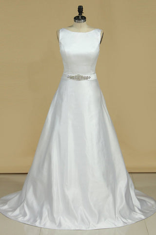 Wedding Dresses A Line Scoop Satin With Beads And Sash