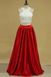 Two-Piece A Line Prom Dresses Scoop Satin With Applique Floor Length