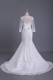 Scoop 3/4 Length Sleeve Mermaid Wedding Dress Tulle With Sash Court Train