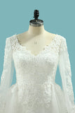 V Neck Sheath Wedding Dresses With Applique Long Sleeves Detachable Train