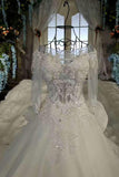 Marvelous Bling Wedding Dresses Scoop Neck With Long Sleeves Appliques Lace Up