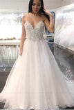 Elegant A Line Spaghetti Straps Backless V Neck Organza Wedding Dress with Beads JS229