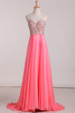 A Line Prom Dresses Sweetheart Beaded Bodice Chiffon Sweep Train